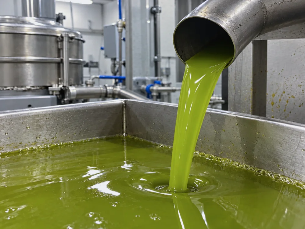 Azeite verde a sair na linha de extracção, instalação parceira.