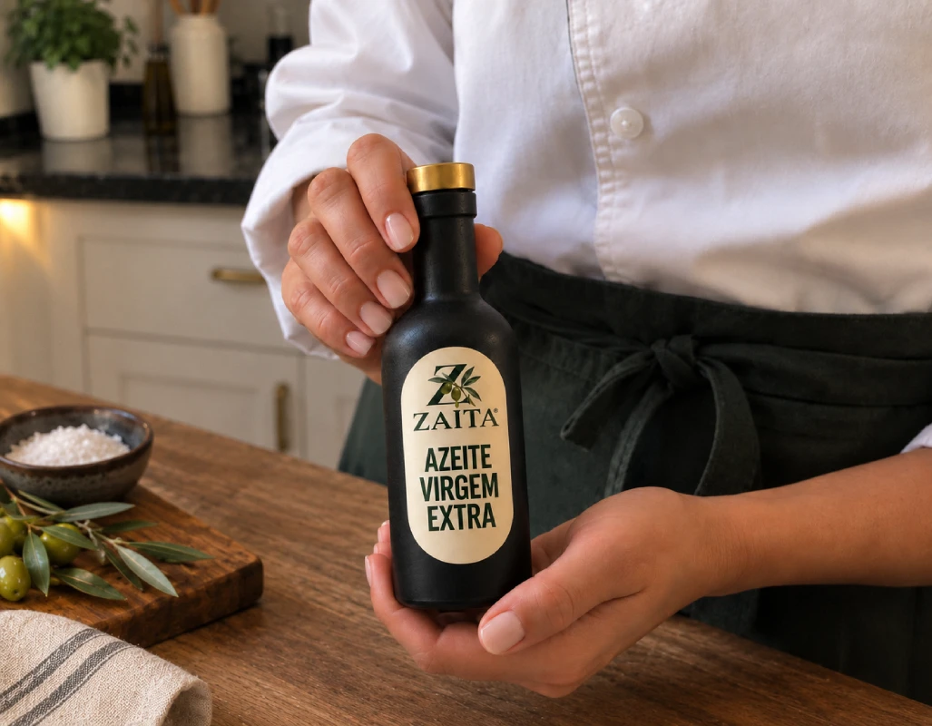 Chef a apresentar uma garrafa gourmet ZAITA de cerâmica preta na cozinha.