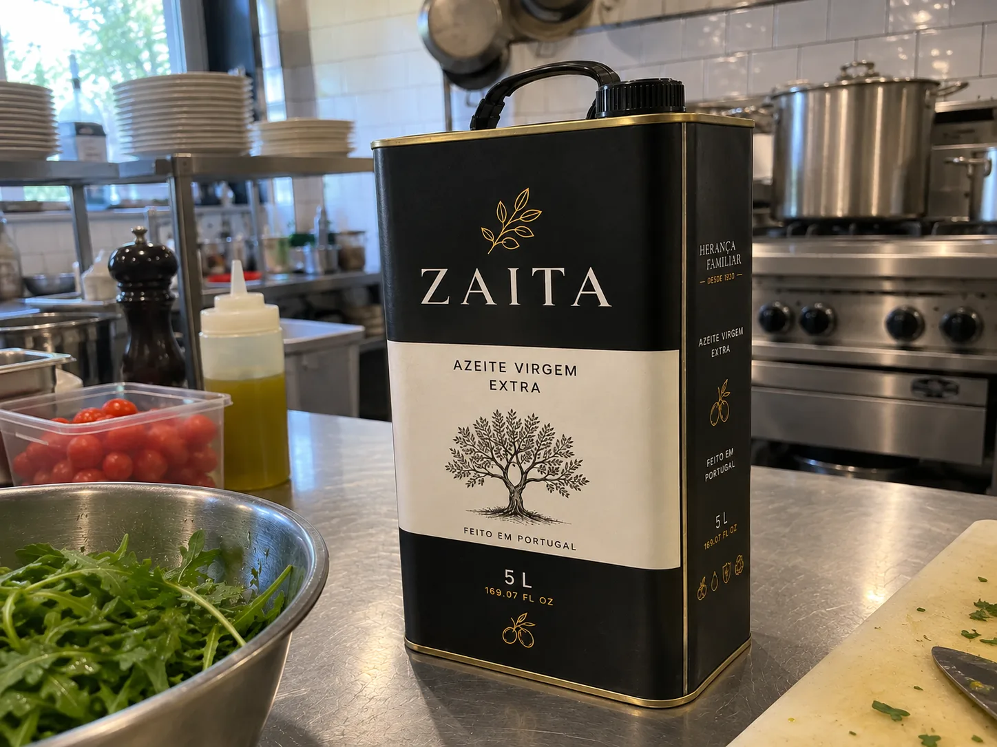 Lata profissional ZAITA de 5 L numa bancada de cozinha.
