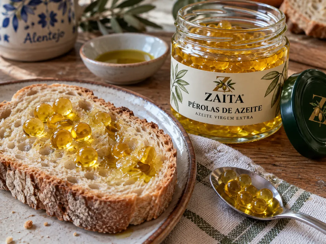 Pérolas de azeite ZAITA sobre pão rústico, com frasco aberto na mesa.